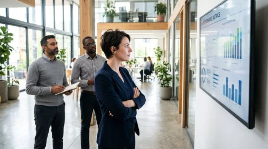 Équipe en réunion debout autour d'un espace de travail moderne, discutant de stratégie digitale avec des écrans affichant des tableaux de bord en arrière-plan