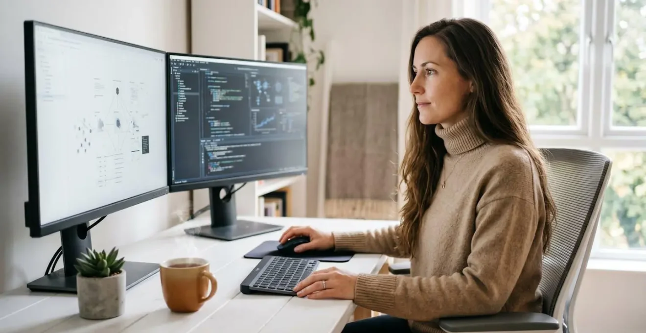 Femme configurant des paramètres techniques sur deux écrans dans un environnement de travail moderne et épuré