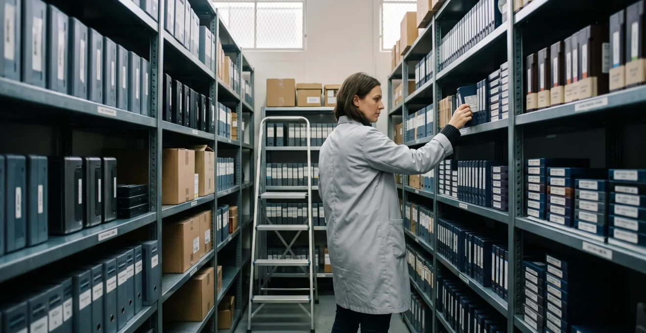 Responsable d'archivage inspectant des supports de stockage numérique sur des rayonnages métalliques dans une salle d'archives sécurisée