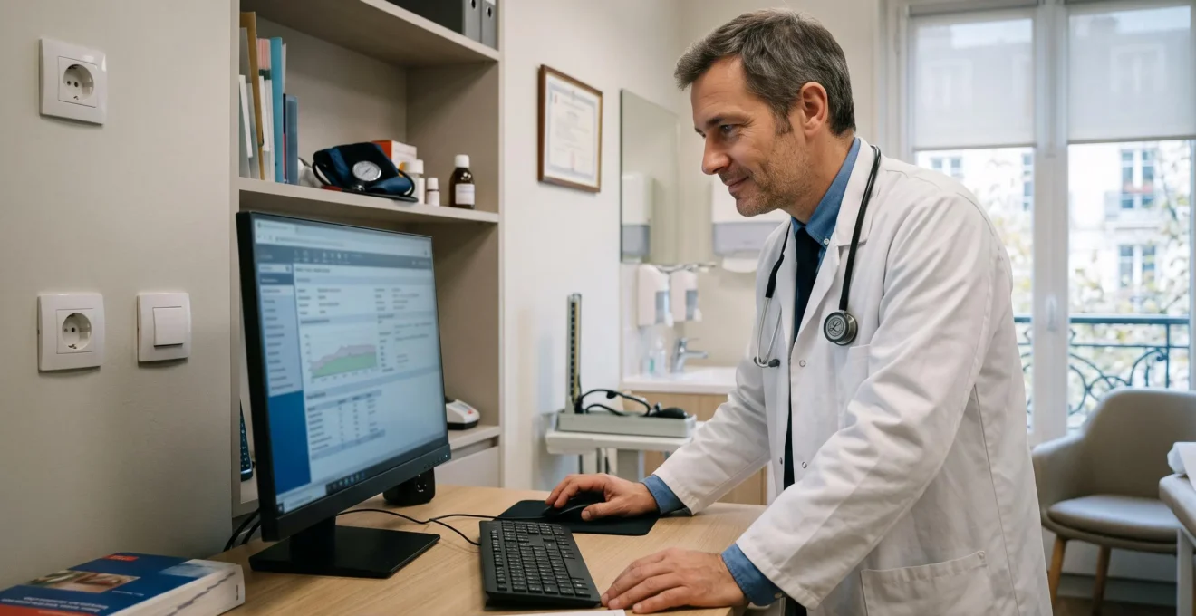 Médecin consultant un dossier patient électronique sur un poste de travail dans un cabinet médical moderne