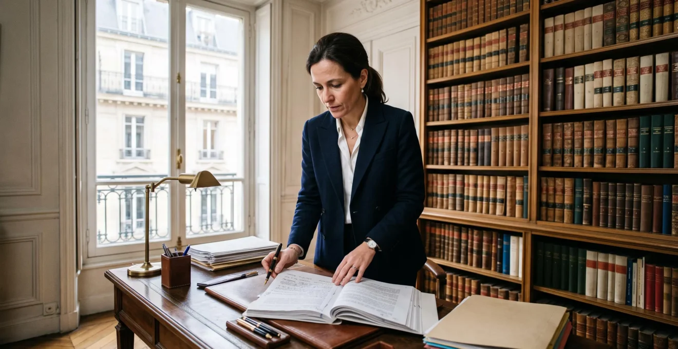 Notaire manipulant des documents contractuels à son bureau dans un cabinet avec bibliothèque juridique en arrière-plan