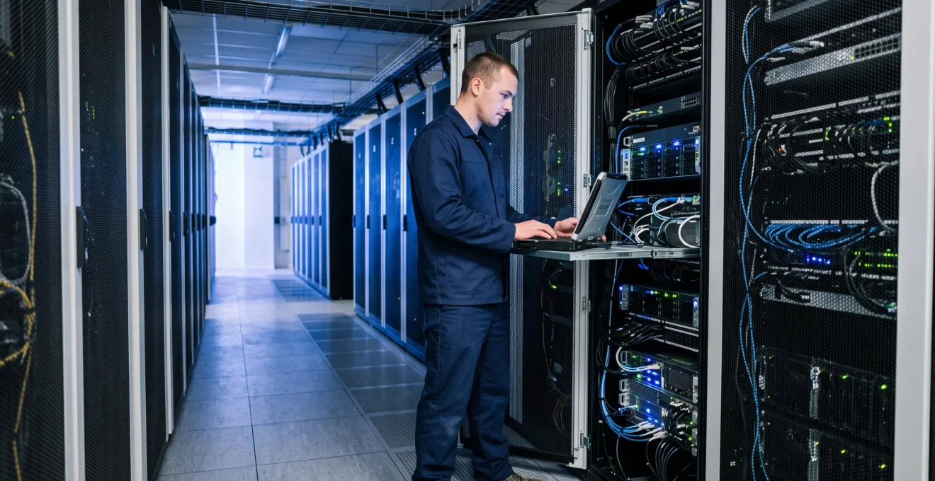 Technicien cybersécurité intervenant sur un serveur dans une allée de data center moderne avec rangées de racks et éclairage technique