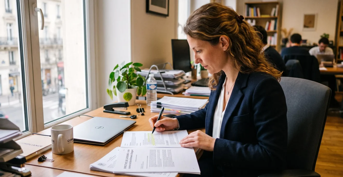 Une responsable conformité relit des documents réglementaires à son bureau.