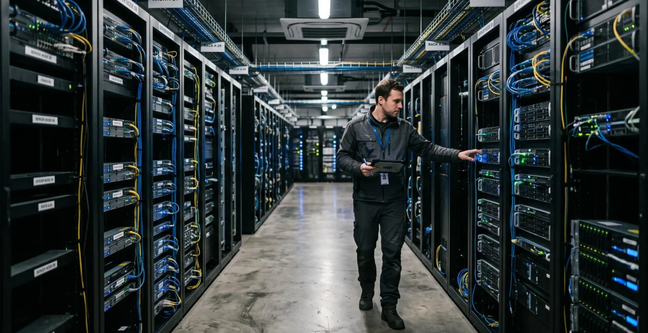 Un technicien inspecte des baies de serveurs dans un data center.