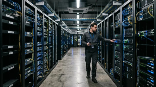 Un technicien inspecte des baies de serveurs dans un data center.